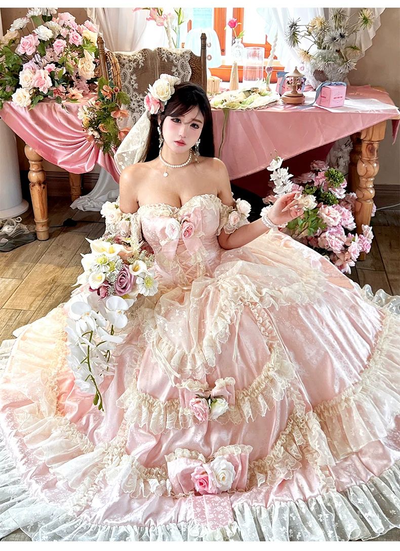 Love and Roses - Princess Bridal Wedding Lolita Dress With Rose Detail and Tiered Skirt - Image 11