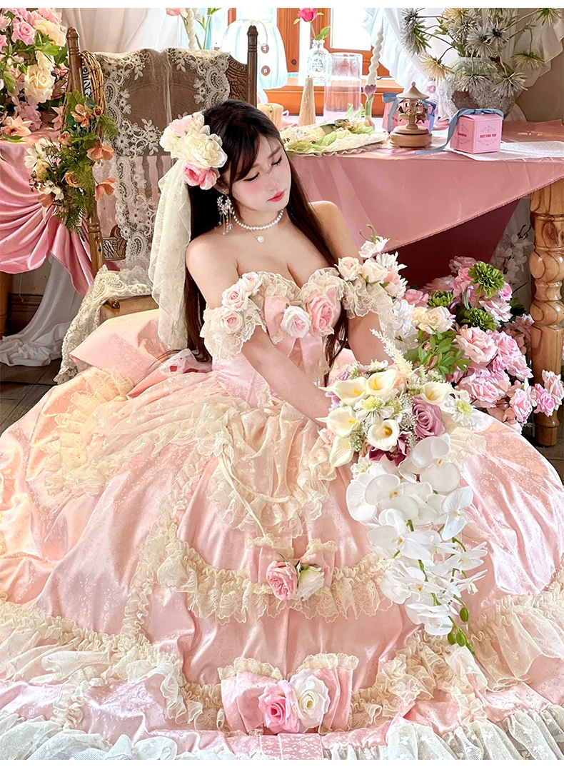 Love and Roses - Princess Bridal Wedding Lolita Dress With Rose Detail and Tiered Skirt - Image 12