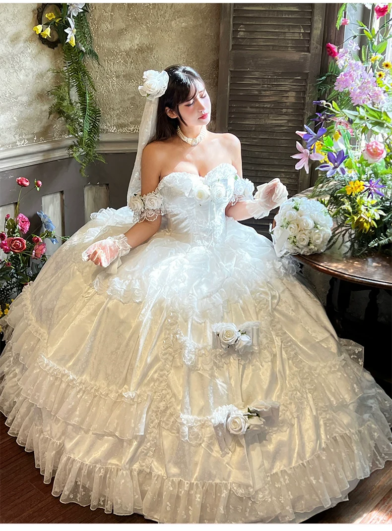Love and Roses - Princess Bridal Wedding Lolita Dress With Rose Detail and Tiered Skirt - Image 3