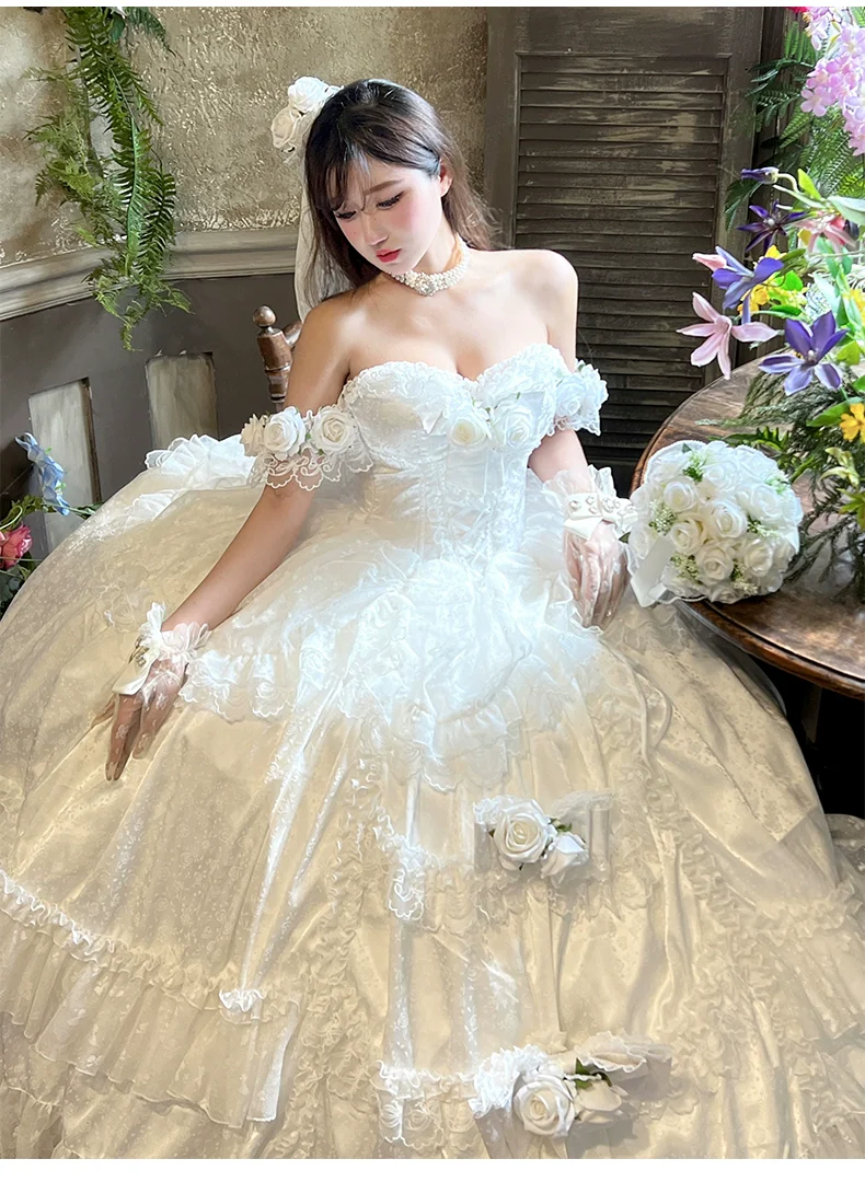 Love and Roses - Princess Bridal Wedding Lolita Dress With Rose Detail and Tiered Skirt - Image 4