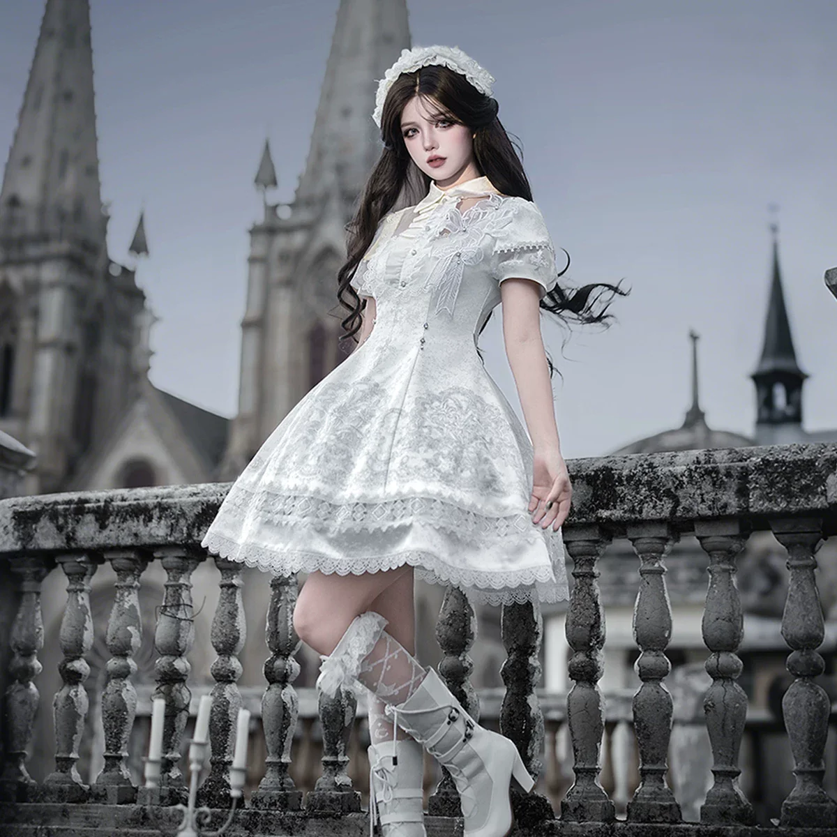 White Classic Lolita Printed OP Dress with Cross - Image 16