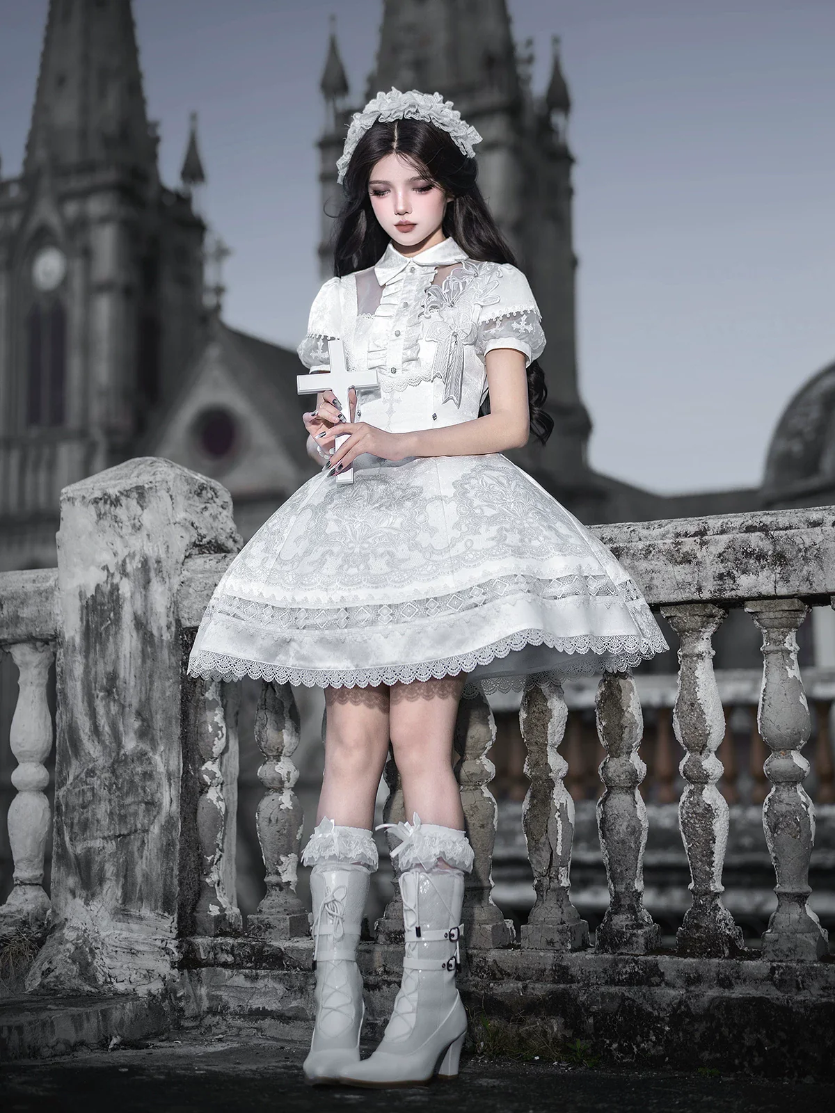 White Classic Lolita Printed OP Dress with Cross - Image 19