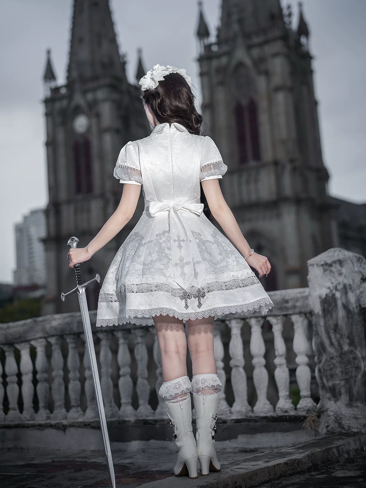 White Classic Lolita Printed OP Dress with Cross - Image 2